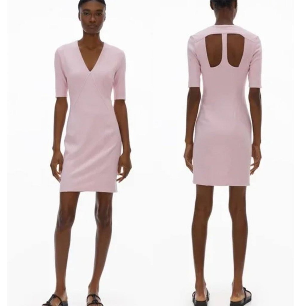 Helmut Lang Pink Bodycon Dress Back Shoulder Cut Outs Stretch Knit Sz S